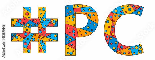 PC Hashtag. Mosaic isolated text. Letters from pieces of triangles, polygons and bubbles. Hashtag #PC for computer, social network, web resources, mobile app, games, banner, adv. Stock vector image