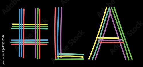 LA Hashtag. Isolate neon doodle lettering text from multi-colored curved neon lines like from a felt-tip pen, pensil. #LA is abbreviation for the US America state Louisiana for banner, social network