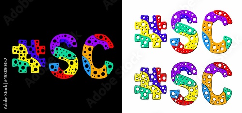 Hashtag #SC set. Multicolor bright funny cartoon colorful doodle bubble isolated text. Rainbow colors. Hashtag #SC is abbreviation for the US American state South Carolina for print, social network.