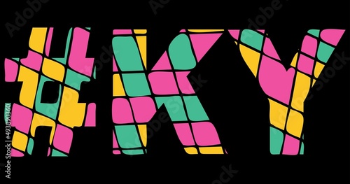 KY Hashtag. Tricolor isolated letters from contrast flowing fluid shapes. 3 colored Hashtag #KY is abbreviation for the US American state Kentucky for social network, web resources, mobile app