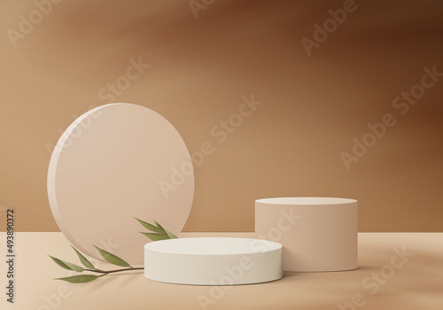 3d background products display podium scene with geometric platform. background vector 3d rendering with podium. stand to show cosmetic products. Stage showcase on pedestal display brown studio