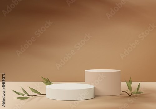 3d background products display podium scene with geometric platform. background vector 3d rendering with podium. stand to show cosmetic products. Stage showcase on pedestal display brown studio