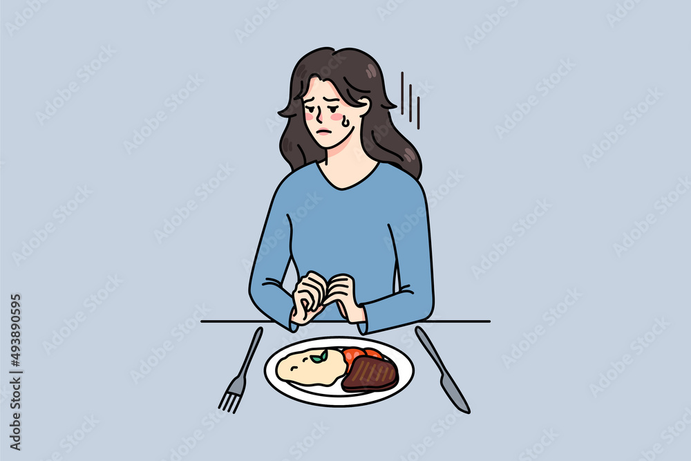 Unhappy young woman sit at table with food struggle with eating disorder. Upset girl refuse from meal suffer from anorexia or bulimia. Healthcare and psychological help. Vector illustration. 