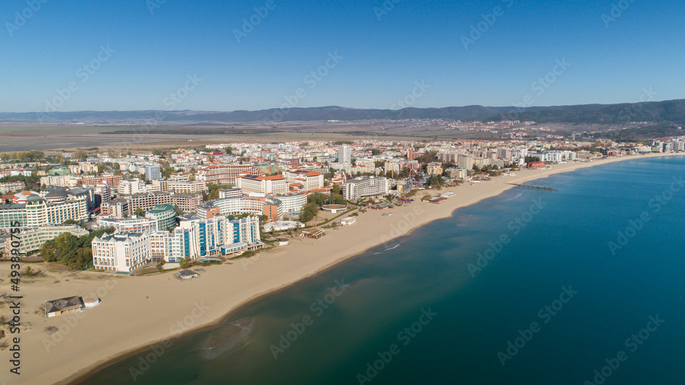 Aerial view of the beach and hotels in Sunny Beach, Bulgaria. Sunny Beach (Slanchev Bryag) is a major seaside resort on the Black Sea coast of Bulgaria, near Burgas