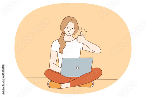 Thumbs up and Freelance concept. Smiling young woman sitting with laptop in hands working as freelancer having remote job showing thumbs up sign with fingers vector illustration 