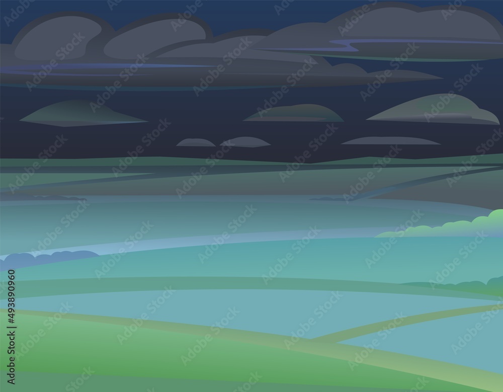 Night rural landscape. View of farm garden fields and hills. Flat style cartoon design. Heavy clouds. Beautiful dark suburban scene. Vector Night rural landscape. View of farm garden fields and hills. Flat style cartoon design. Heavy clouds. Beautiful dark suburban scene. Vector