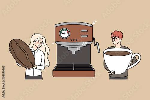 Diverse baristas make coffee in modern machine. Happy people prepare hot beverage espresso or cappuccino from fresh brewed beans. Coffeeshop concept. Vector illustration. 