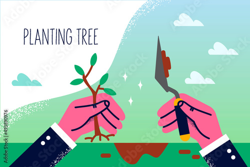 Person plant tree in ground with shovel 