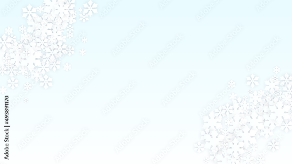 Christmas Vector Background with Falling Snowflakes. Isolated on Red Background. Realistic Snow Sparkle Pattern. Snowfall Overlay Print. Winter Sky. Papercut Snowflakes.