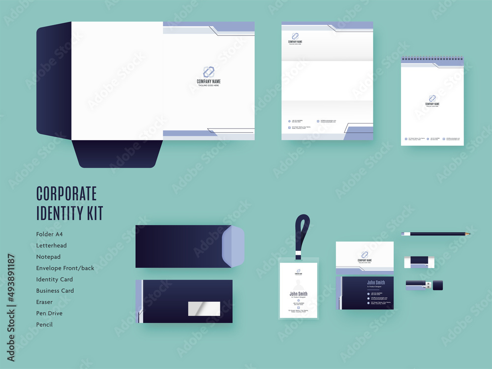 Presentation Corporate Identity Kits In White And Blue Color For Business Sector.