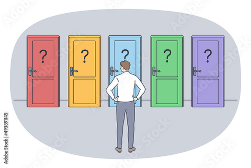 Business strategy and direction concept. Young businessman standing backwards and trying to choose witch door to open and way of development vector illustration 
