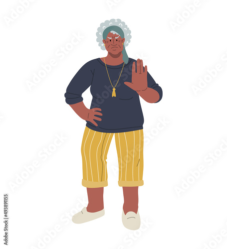 Angry american african senior woman,making stop sign wth hand.Cartoon style