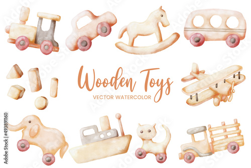 wooden toys watercolor set collection art graphic design illustration
