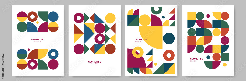 Modern abstract geometric poster cover. Minimal retro boho bauhaus composition shapes design. Colorful geometric background. Vector illustration. Modern abstract geometric poster cover. Minimal retro boho bauhaus composition shapes design. Colorful geometric background. Vector illustration.