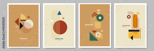 Modern abstract geometric poster cover. Minimal retro boho bauhaus composition shapes design. Colorful geometric background. Vector illustration.