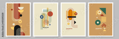 Modern abstract geometric poster cover. Minimal retro boho bauhaus composition shapes design. Colorful geometric background. Vector illustration.