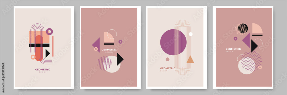 Fototapeta premium Modern abstract geometric poster cover. Minimal retro boho bauhaus composition shapes design. Colorful geometric background. Vector illustration.
