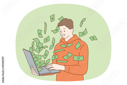 Making money and profit online concept. Young smiling man standing and looking at money cash flying from laptop screen vector illustration 