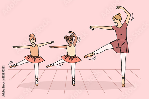 Happy young ballet teacher in tutu dancing with small international girls in class. Smiling ballerina kids teach dancer moves with trainer indoors. Hobby and entertainment. Vector illustration. 