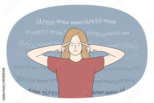 Feeling stress and headache concept. Young woman standing touching head feeling stressed and headache with lettering at background vector illustration 