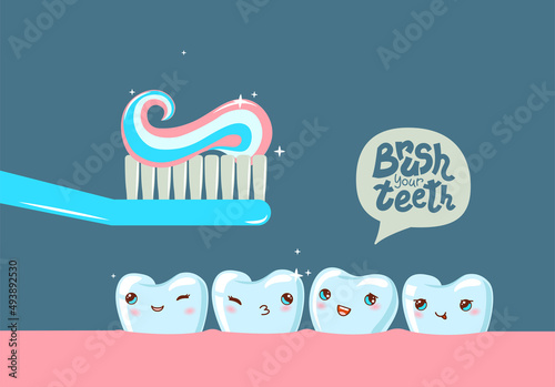 Toothbrush with toothpaste and smiling character teeth in mouth. Brushing teeth inside the mouth. Dental hygiene concept.