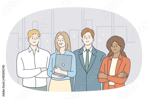 Business mixed race team concept. Group of diverse mixed race people business partners workers standing together with laptop and looking at camera vector illustration 