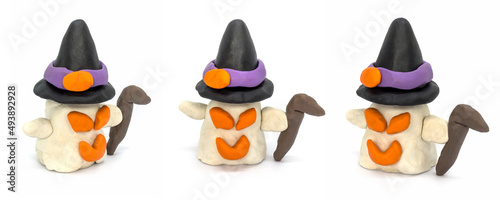 Play plasticine Ghost halloween on white background. Handmade clay plasticine photo