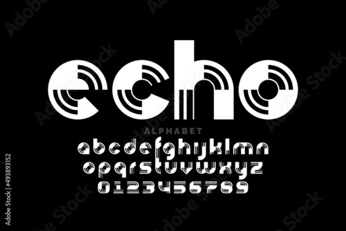Echo style modern font design, lowercase alphabet letters and numbers vector illustration