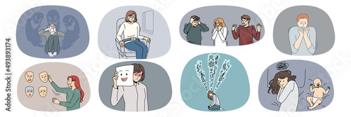 Set of scared diverse people feel terrified suffer from panic attack. Collection of men and women struggle with anxiety and fear, have psychological mental problems. Vector illustration. 
