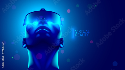 Afro american guy in futuristic virtual reality 3d headset or VR glasses looking up in virtual simulation. Augmented reality or AR helmet on head man. Digital computer entertainment technology.