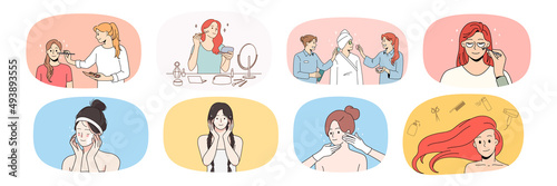 Set of woman daily facial skincare routine procedures. Bundle of female enjoy spa and cosmetology treatment. Beauty and skin care concept. Beautician and makeup. Vector illustration. 