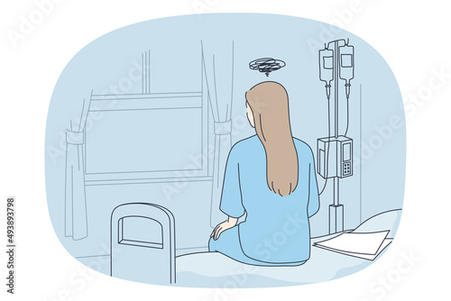 Cancer illness and sadness concept. Sad woman sitting on bed in clinic with dropper having chemotherapy trying to cure cancer vector illustration 