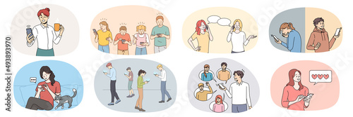 Collection of people overuse modern cellphone in daily life. Set of diverse men and women use smartphones, addicted to social media. Gadget and technology addiction. Vector illustration. 
