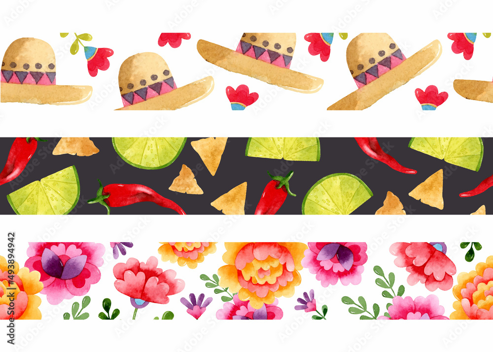 Watercolor Mexican seamless border set