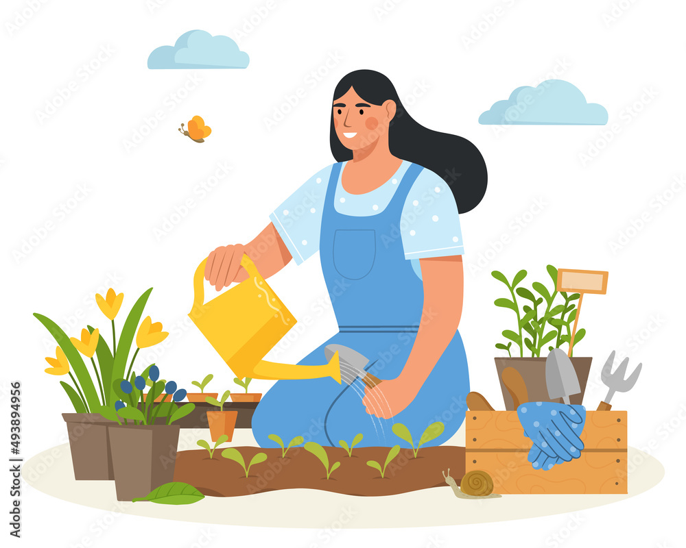 Young woman planting and watering plants in the spring garden. Growing and caring for flowers or herbs. Gardening concept. Flat vector illustration.