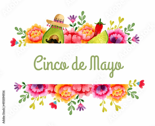 Mexican floral watercolor frame with avocado, lime and jalapeno pepper 