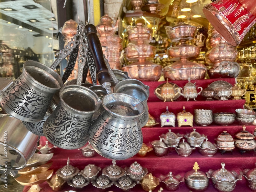 turkish coffee pots. Copper pots in sanliurfa bazaar. 
