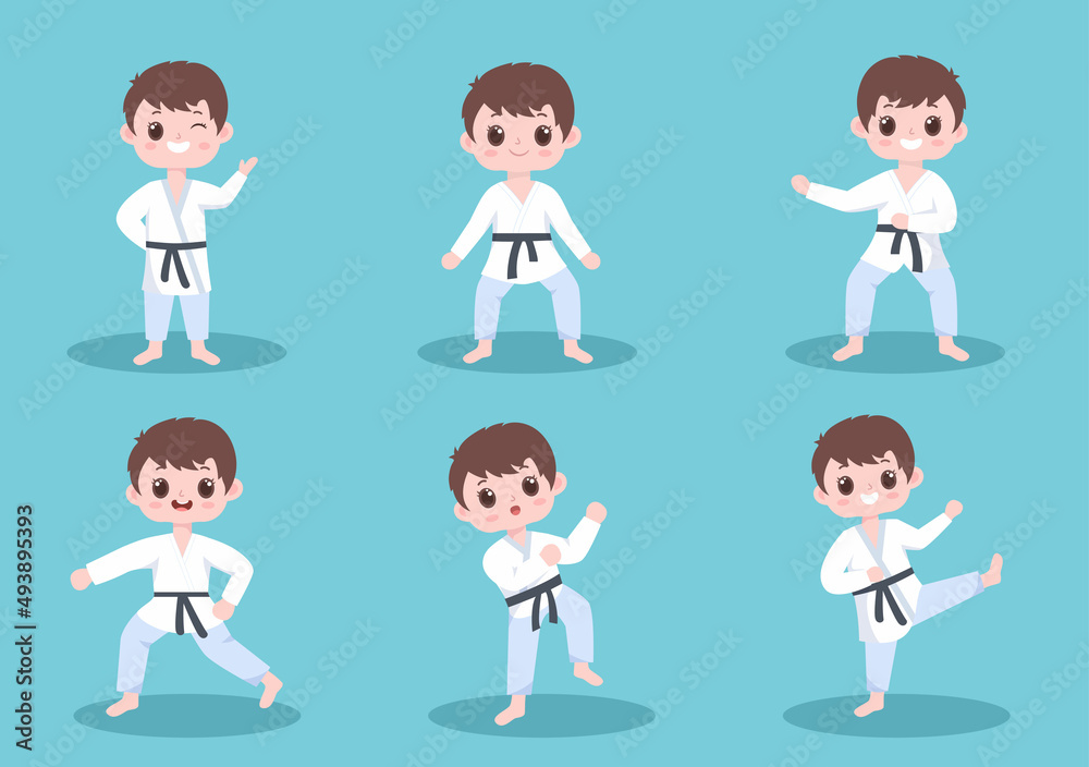 Cute Cartoon Kids Doing Some Basic Karate Martial Arts Moves, fighting Pose and Wearing Kimono in Flat Style Background Vector Illustration Cute Cartoon Kids Doing Some Basic Karate Martial Arts Moves, fighting Pose and Wearing Kimono in Flat Style Background Vector Illustration