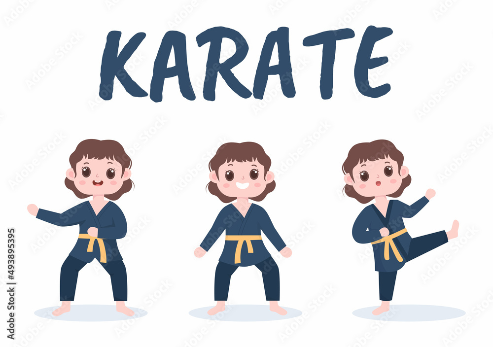 Cute Cartoon Kids Doing Some Basic Karate Martial Arts Moves, fighting Pose and Wearing Kimono in Flat Style Background Vector Illustration
