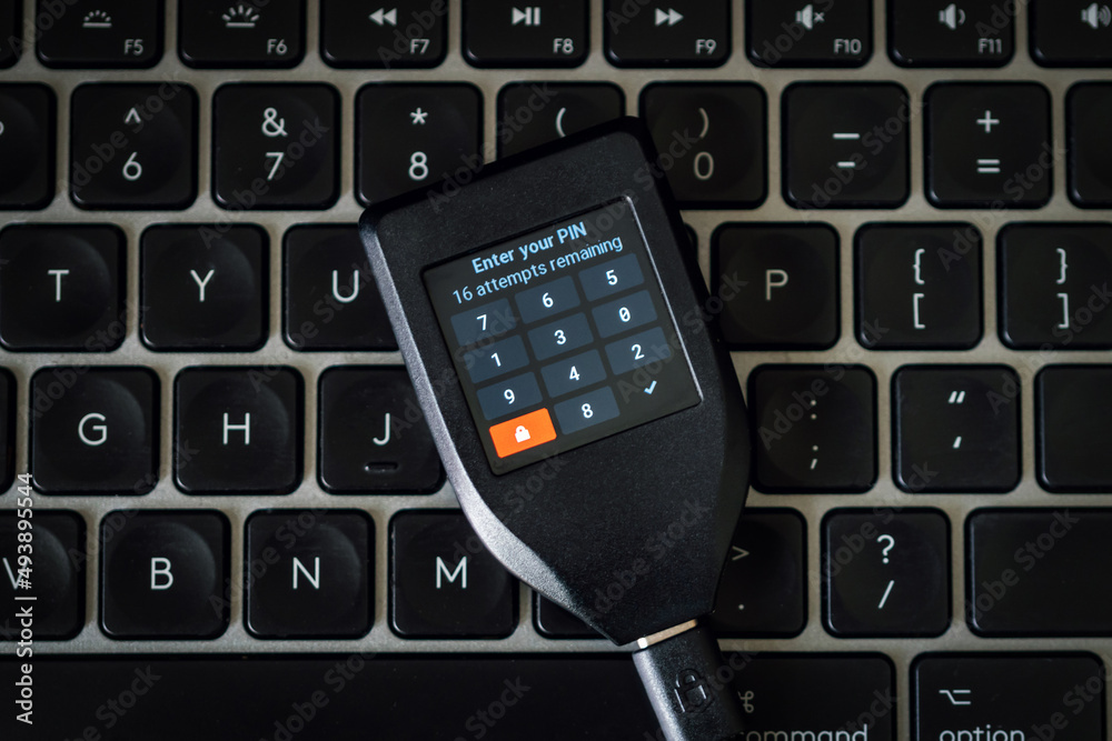 Hardware Wallet for cryptocurrency on keyboard for pin code Hardware Wallet for cryptocurrency on keyboard for pin code