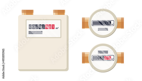 Gas meters. Automatic meter natural gas. Household or industrial measuring equipment in flat style. Fuel consumption control. Vector illustration isolated on white background.