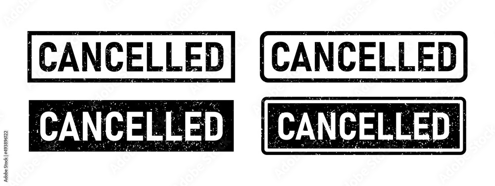 Grunge black cancelled word rubber stamp. Cancel sign sticker set. Grunge vintage square label. Vector illustration isolated on white background.