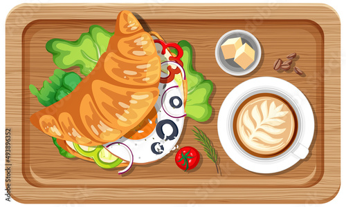 Top view of breakfast on a wooden tray
