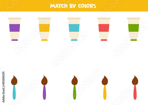 Color matching game for preschool kids. Match paint tubes and brushes by colors.