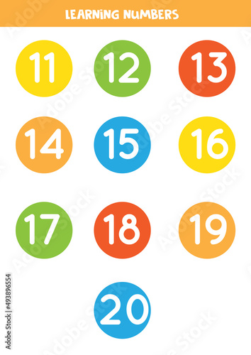 Learning numbers cards from 11 to 20. Colorful flashcards.