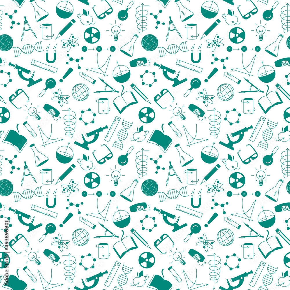 Seamless pattern on the theme of science and inventions, diagrams, charts, and equipment, a green silhouettes of icons on white background Seamless pattern on the theme of science and inventions, diagrams, charts, and equipment, a green silhouettes of icons on white background