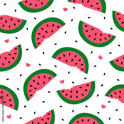 Watermelon slice, seeds and hearts on white background. Vector illustration