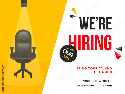 We're Hiring, Join Our Team Concept With Spotlight Focus To Vacant Office Chair On Chrome Yellow And White Background.