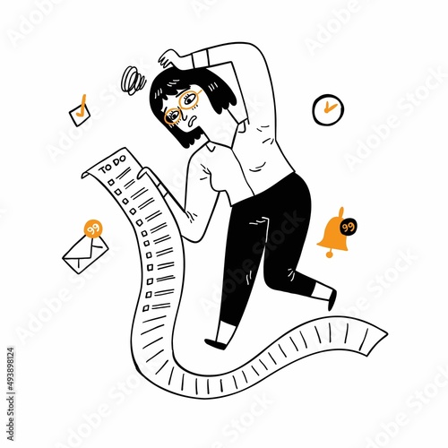 Portrait woman holding long to do list stressed out showing frustration.