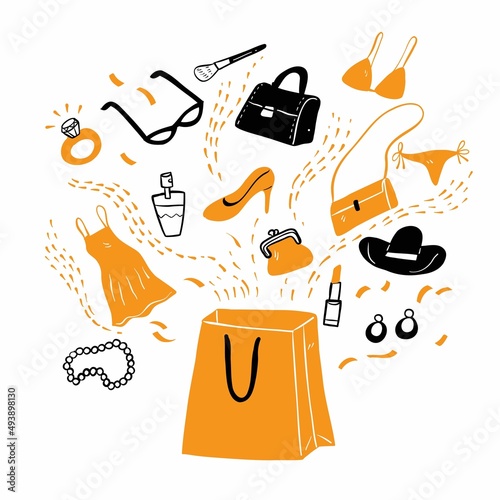 Many types of products ejected from a shopping bag.